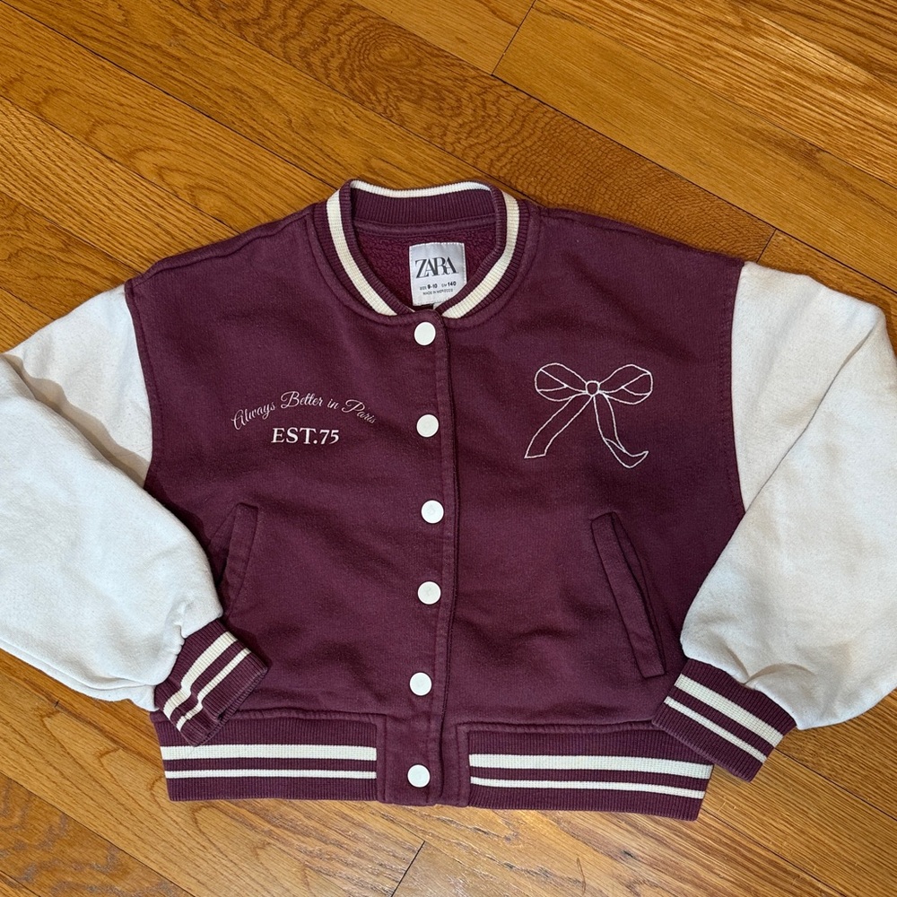 Zara Maroon and Cream Varsity Jacket